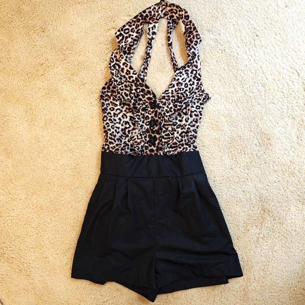 Y2K Sace Leopard Print Halter Romper With Back Tie Sash.